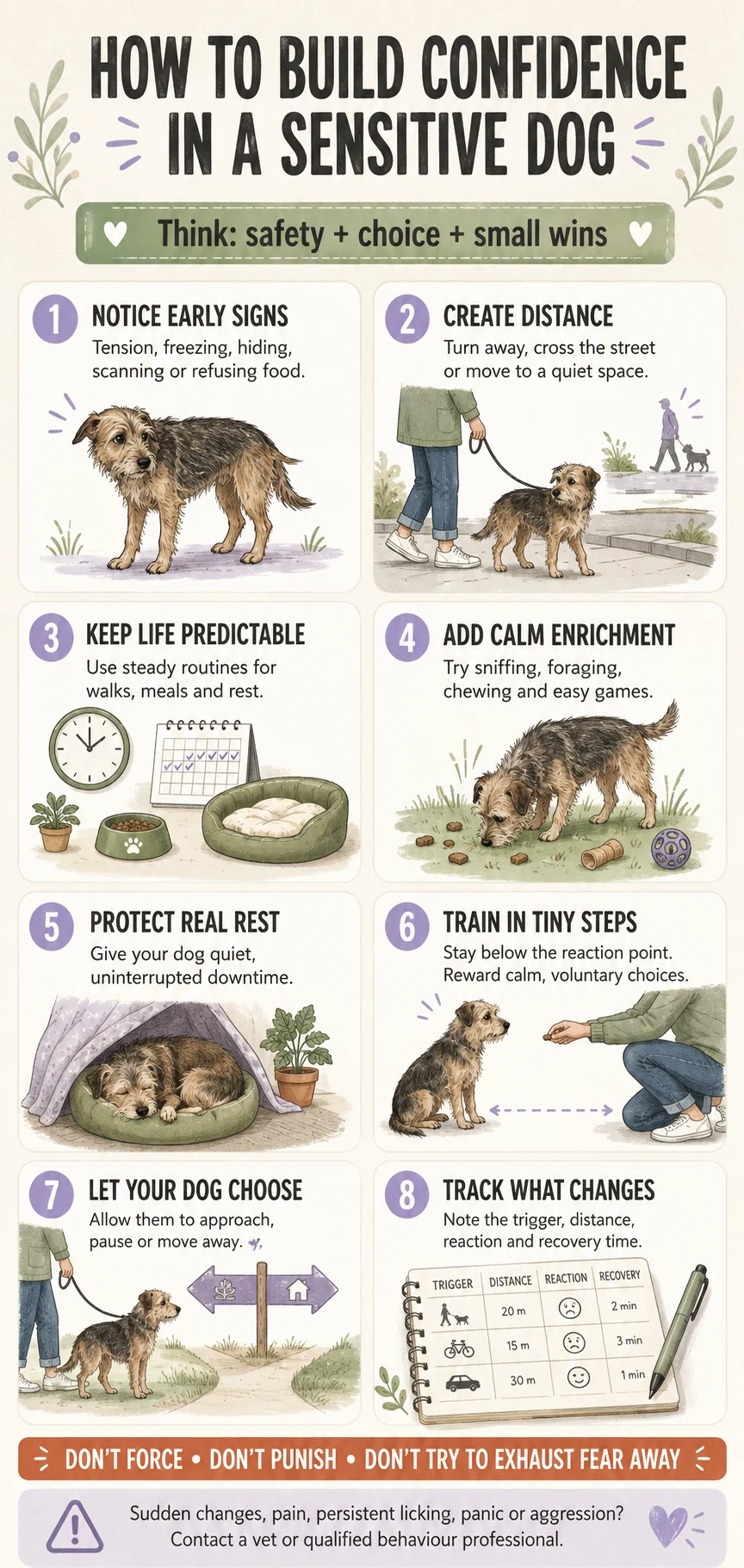 A summary card titled How to build confidence in a sensitive dog. Think: safety plus choice plus small wins. Eight numbered points: notice early signs, create distance, keep life predictable, add calm enrichment, protect real rest, train in tiny steps, let your dog choose, track what changes. A red banner reads: don’t force, don’t punish, don’t try to exhaust fear away. A footer advises seeing a vet if behaviour changes suddenly or the dog cannot cope with daily life.
