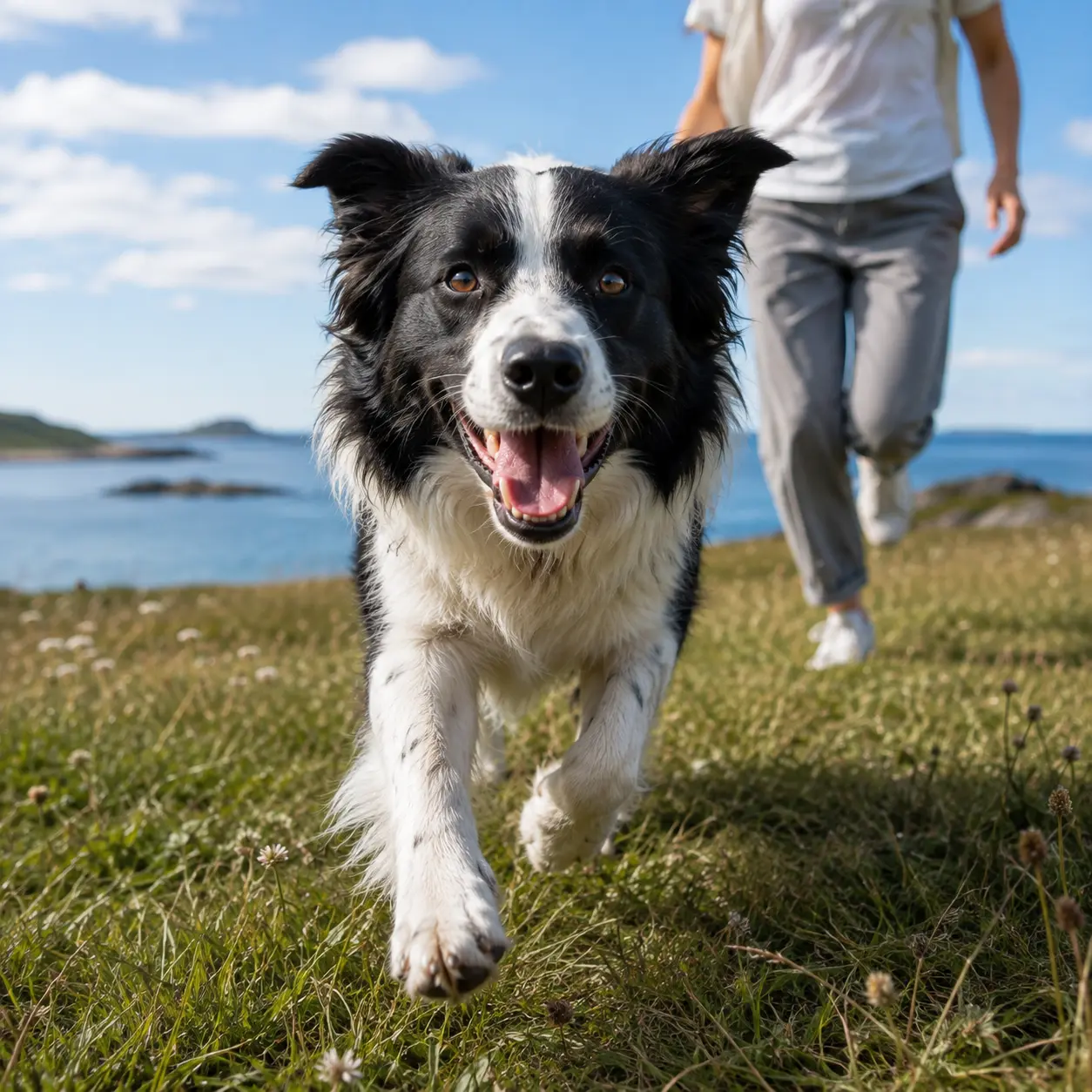 A happy black-and-white dog running toward the camera beside the sea, with its owner following behind