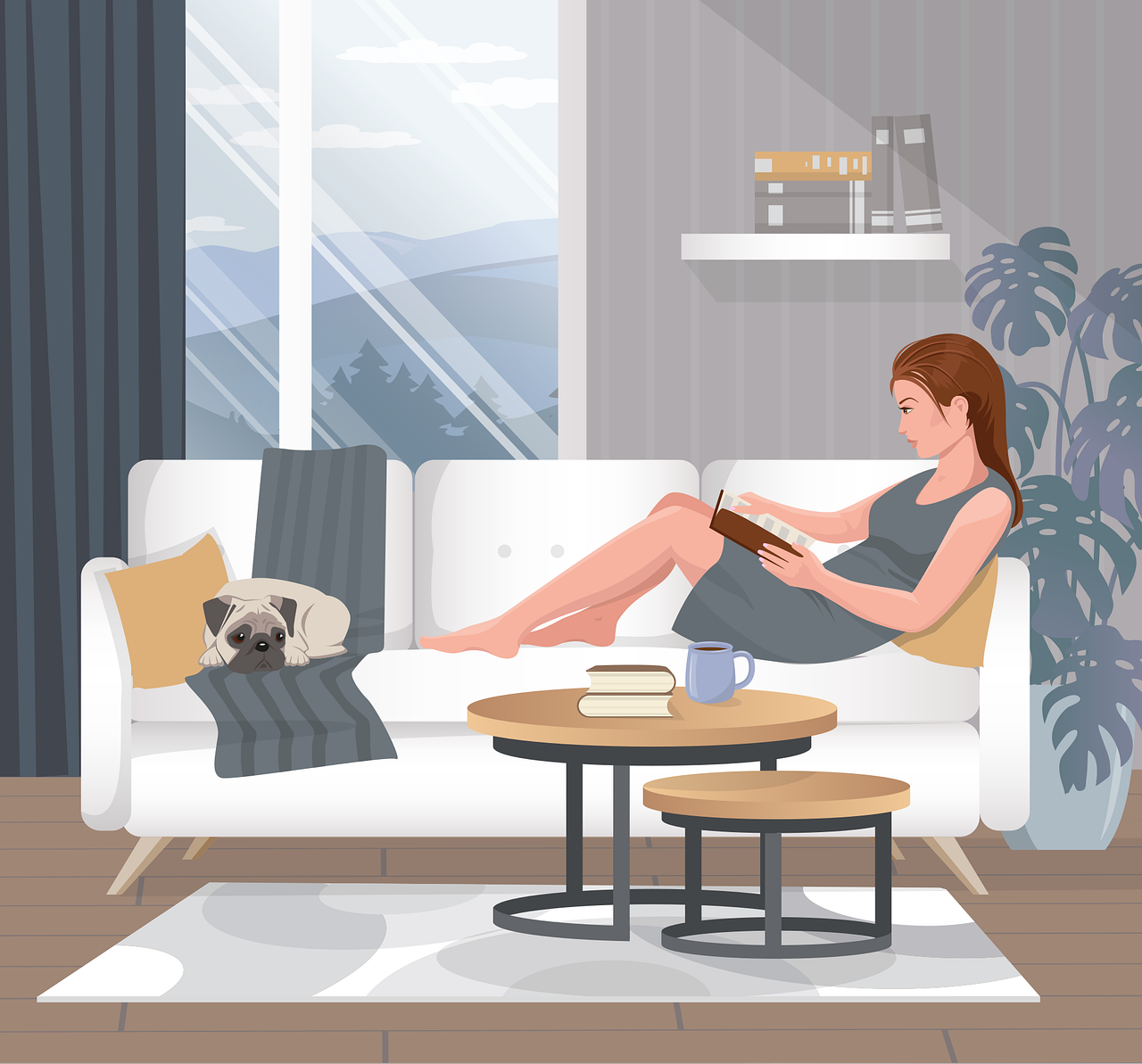 A person sitting on a sofa at home with a small dog beside them
